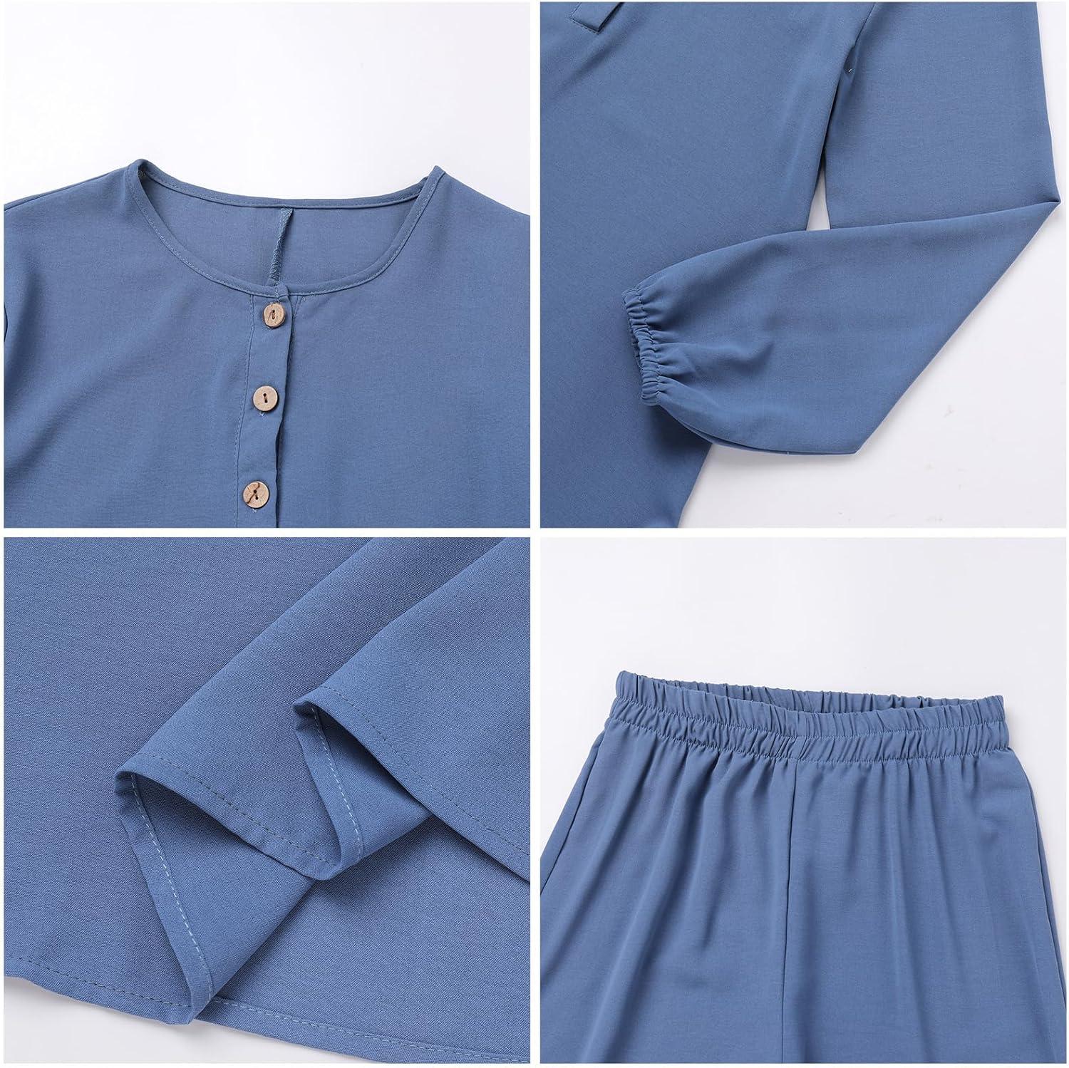 imageIDOPIP Womens Muslim Abaya Dress 2 Pieces Set Long Sleeve Button Down Shirt and Pants Casual Arabic Islamic Dubai OutfitsBlue