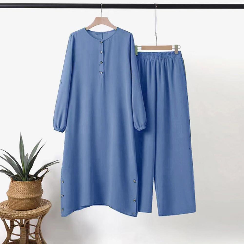imageIDOPIP Womens Muslim Abaya Dress 2 Pieces Set Long Sleeve Button Down Shirt and Pants Casual Arabic Islamic Dubai OutfitsBlue
