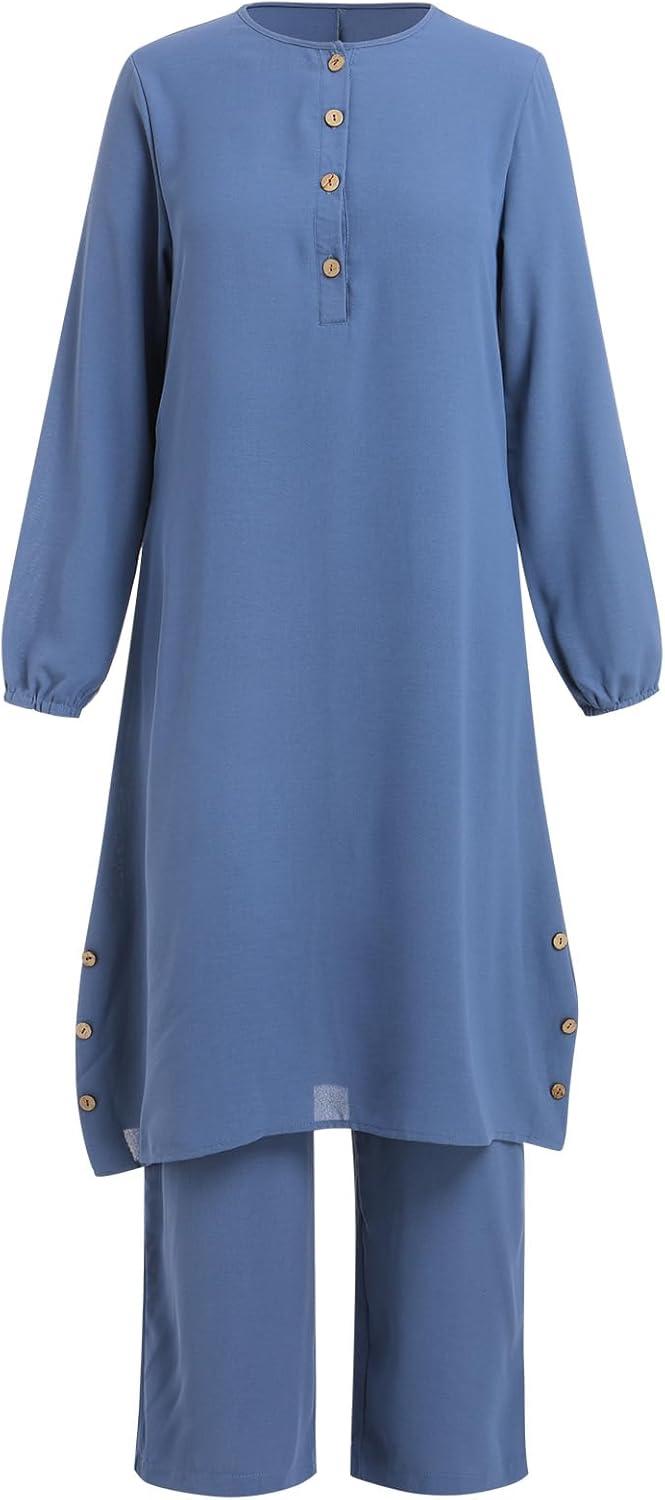 imageIDOPIP Womens Muslim Abaya Dress 2 Pieces Set Long Sleeve Button Down Shirt and Pants Casual Arabic Islamic Dubai OutfitsBlue