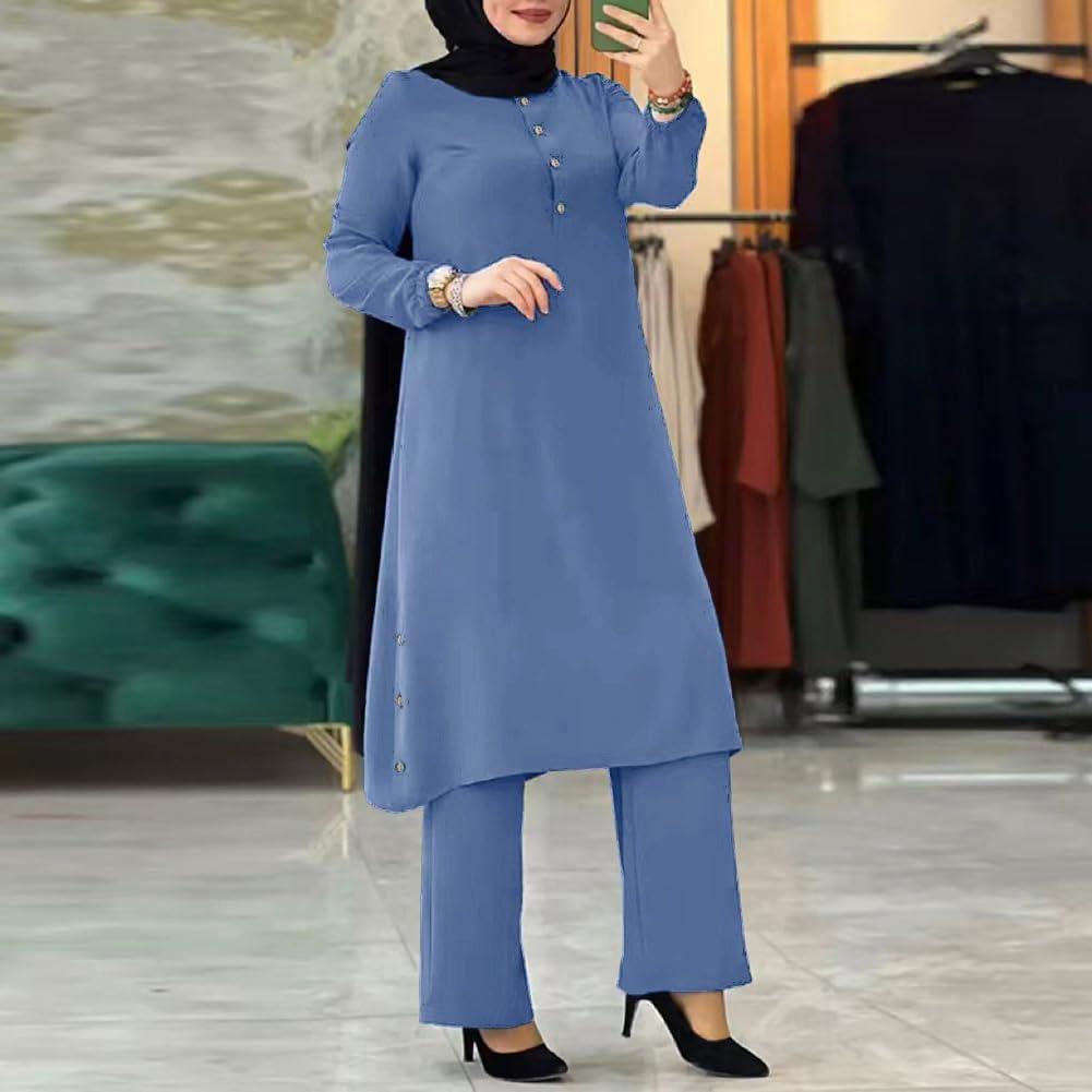 imageIDOPIP Womens Muslim Abaya Dress 2 Pieces Set Long Sleeve Button Down Shirt and Pants Casual Arabic Islamic Dubai OutfitsBlue