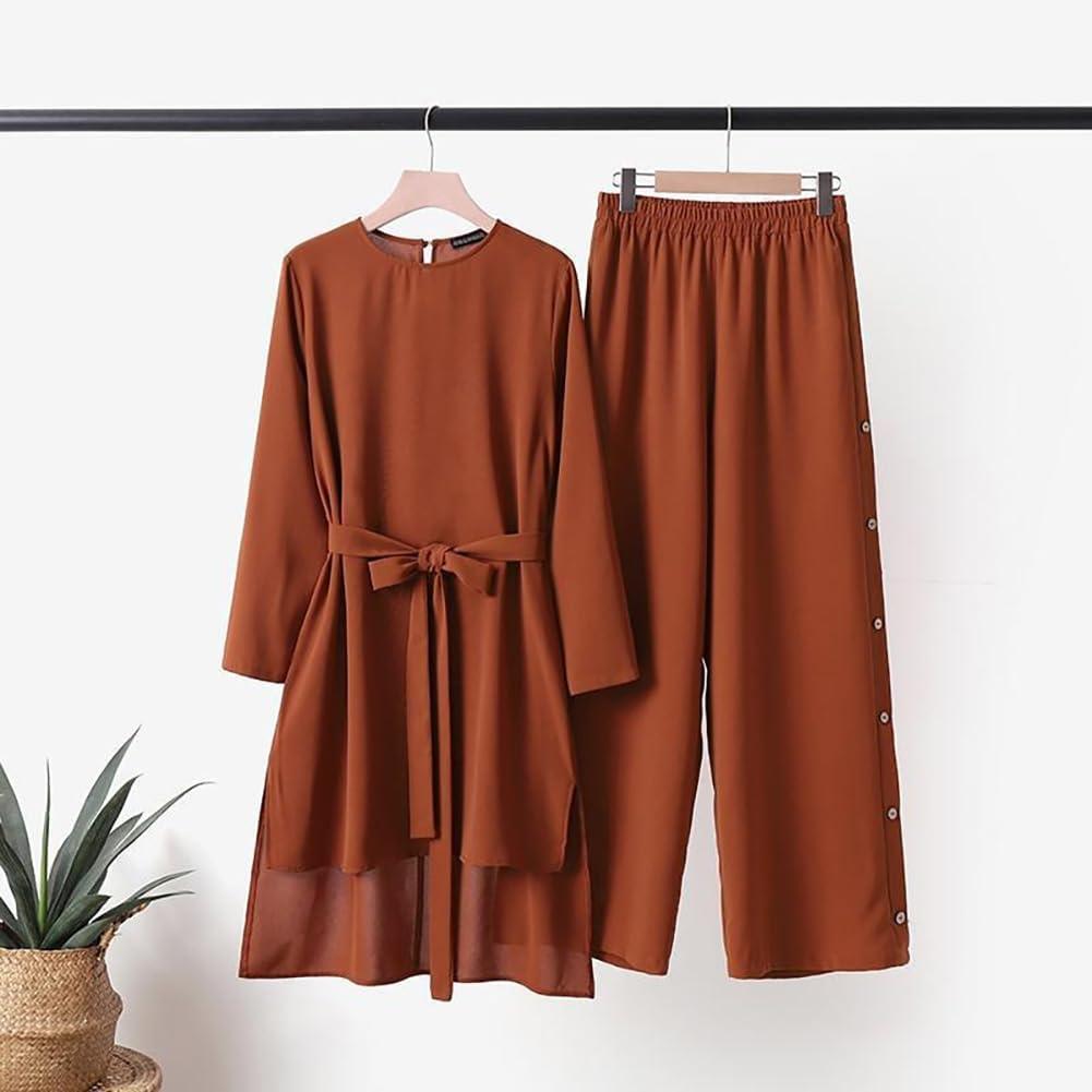 imageIDOPIP Womens Muslim Abaya Dress 2 Pieces Set Long Sleeve Button Down Shirt and Pants Casual Arabic Islamic Dubai OutfitsBrickred  Belt