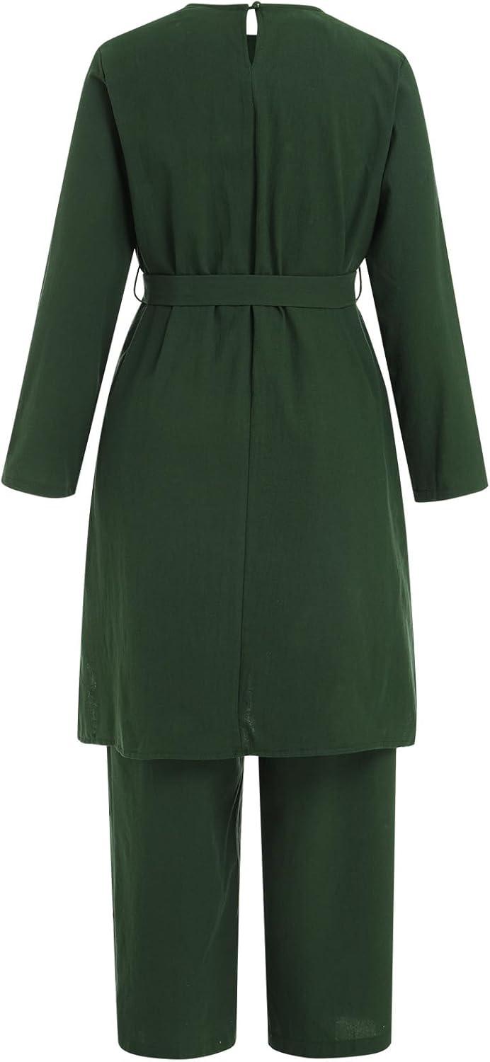 imageIDOPIP Womens Muslim Abaya Dress 2 Pieces Set Long Sleeve Button Down Shirt and Pants Casual Arabic Islamic Dubai OutfitsGreen  Belt