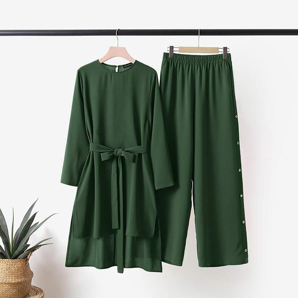 imageIDOPIP Womens Muslim Abaya Dress 2 Pieces Set Long Sleeve Button Down Shirt and Pants Casual Arabic Islamic Dubai OutfitsGreen  Belt