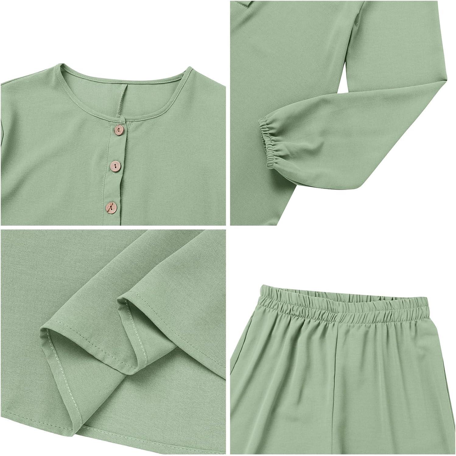 imageIDOPIP Womens Muslim Abaya Dress 2 Pieces Set Long Sleeve Button Down Shirt and Pants Casual Arabic Islamic Dubai OutfitsGreen