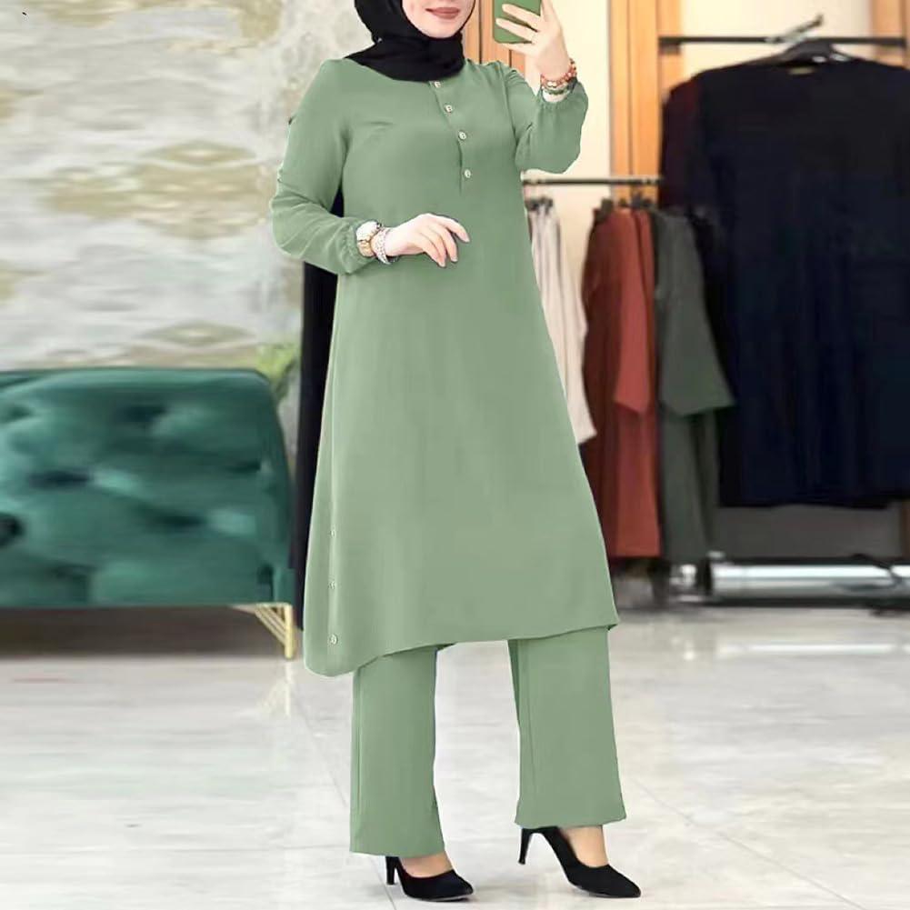 imageIDOPIP Womens Muslim Abaya Dress 2 Pieces Set Long Sleeve Button Down Shirt and Pants Casual Arabic Islamic Dubai OutfitsGreen