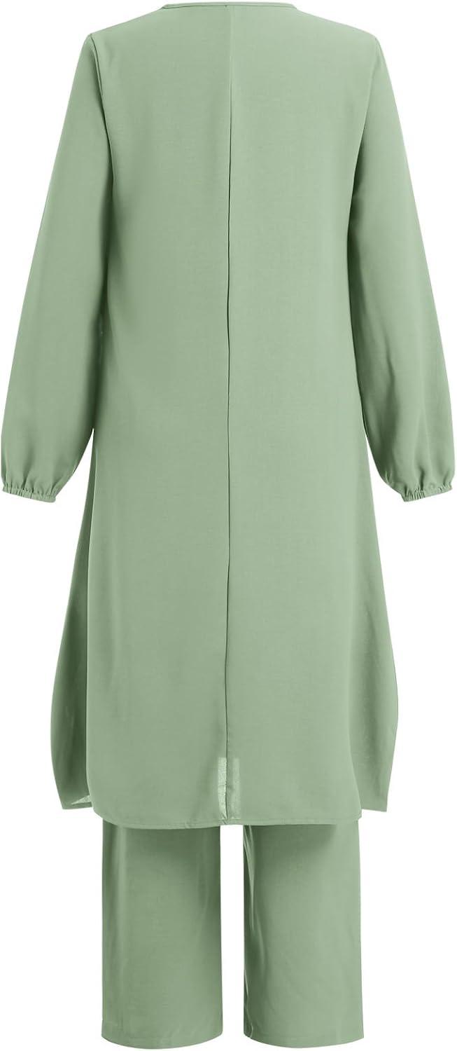 imageIDOPIP Womens Muslim Abaya Dress 2 Pieces Set Long Sleeve Button Down Shirt and Pants Casual Arabic Islamic Dubai OutfitsGreen