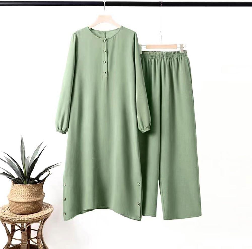 imageIDOPIP Womens Muslim Abaya Dress 2 Pieces Set Long Sleeve Button Down Shirt and Pants Casual Arabic Islamic Dubai OutfitsGreen