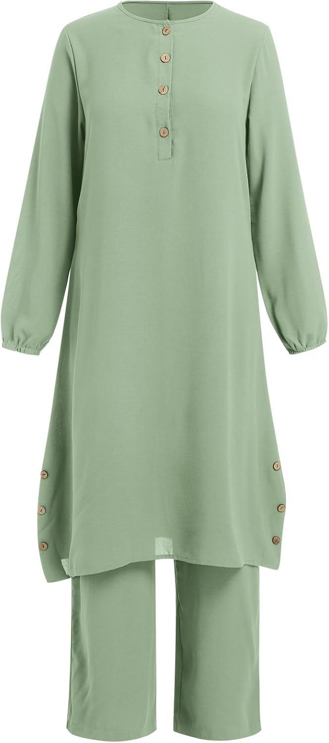 imageIDOPIP Womens Muslim Abaya Dress 2 Pieces Set Long Sleeve Button Down Shirt and Pants Casual Arabic Islamic Dubai OutfitsGreen