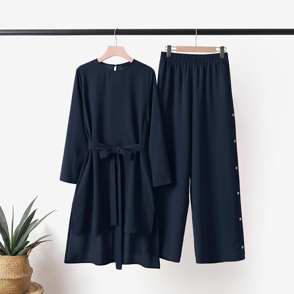 imageIDOPIP Womens Muslim Abaya Dress 2 Pieces Set Long Sleeve Button Down Shirt and Pants Casual Arabic Islamic Dubai OutfitsNavy Blue  Belt