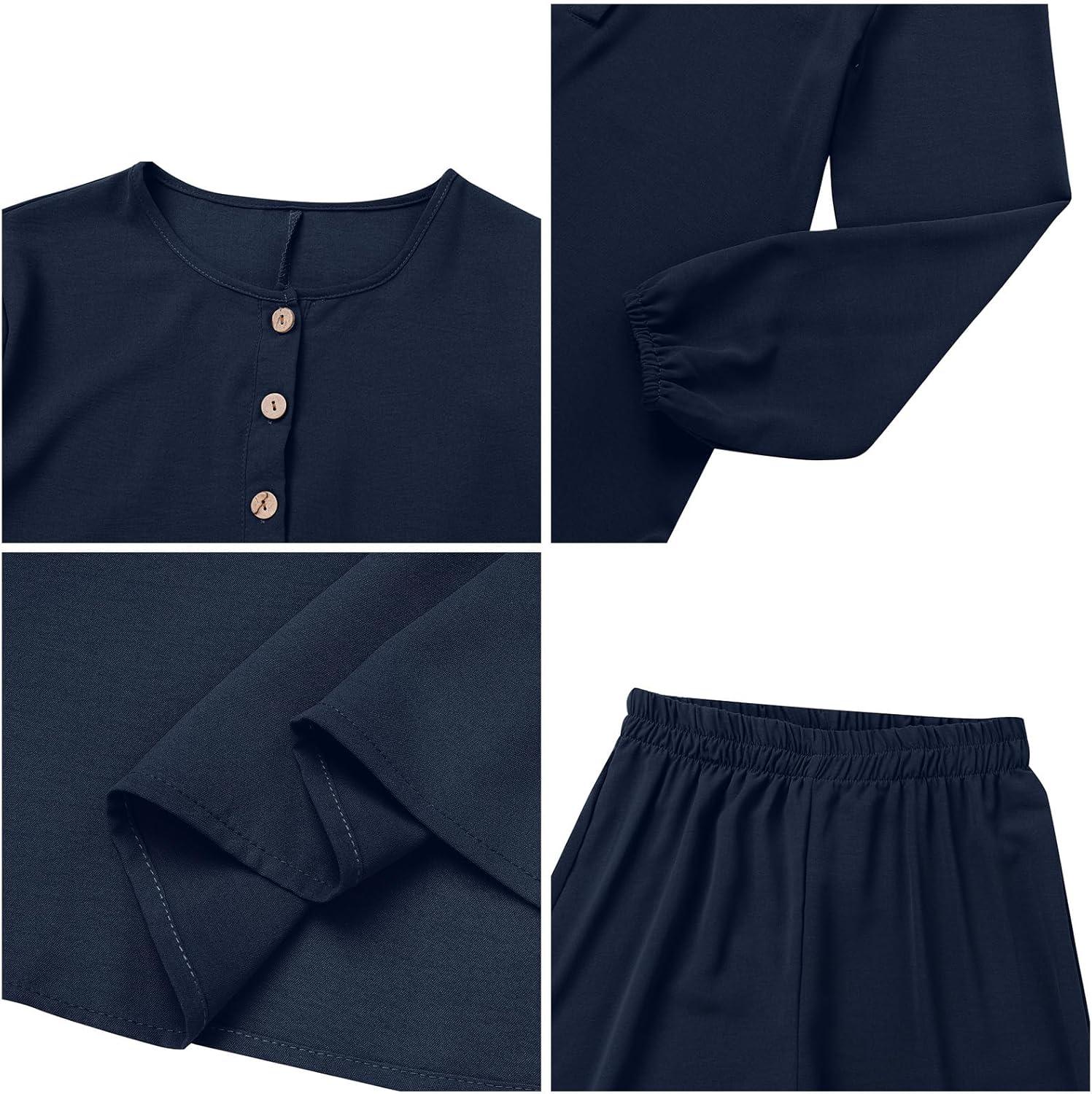 imageIDOPIP Womens Muslim Abaya Dress 2 Pieces Set Long Sleeve Button Down Shirt and Pants Casual Arabic Islamic Dubai OutfitsNavy Blue