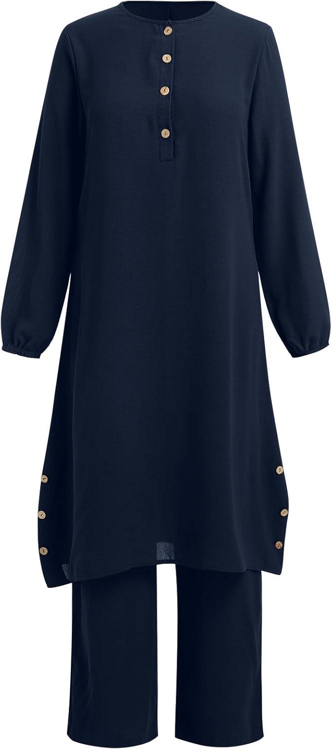 imageIDOPIP Womens Muslim Abaya Dress 2 Pieces Set Long Sleeve Button Down Shirt and Pants Casual Arabic Islamic Dubai OutfitsNavy Blue