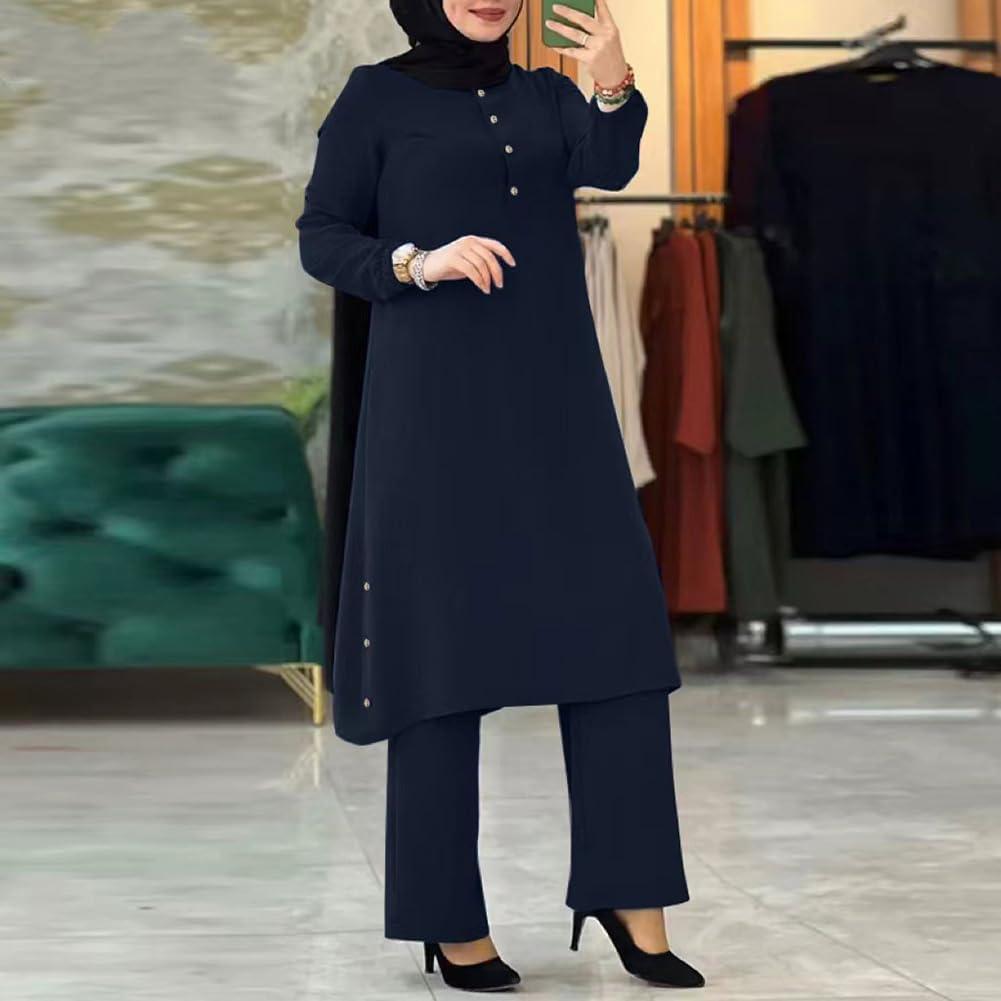 imageIDOPIP Womens Muslim Abaya Dress 2 Pieces Set Long Sleeve Button Down Shirt and Pants Casual Arabic Islamic Dubai OutfitsNavy Blue