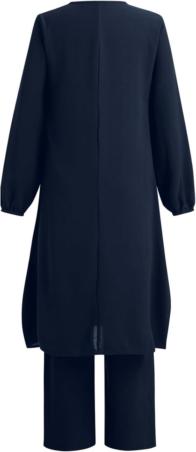 imageIDOPIP Womens Muslim Abaya Dress 2 Pieces Set Long Sleeve Button Down Shirt and Pants Casual Arabic Islamic Dubai OutfitsNavy Blue