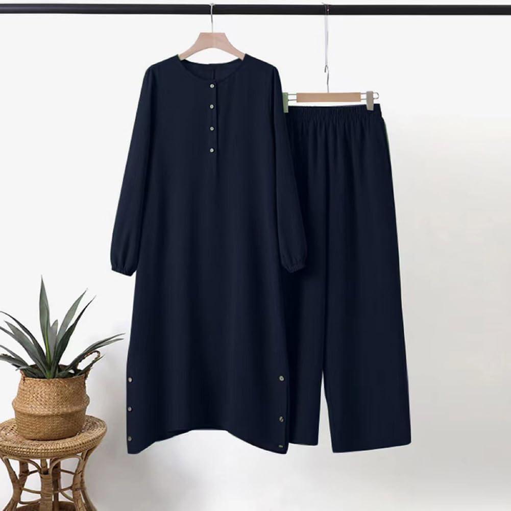 imageIDOPIP Womens Muslim Abaya Dress 2 Pieces Set Long Sleeve Button Down Shirt and Pants Casual Arabic Islamic Dubai OutfitsNavy Blue