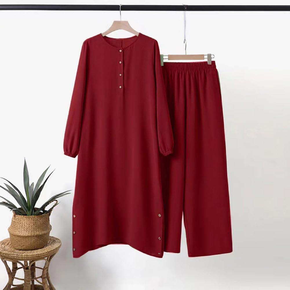 imageIDOPIP Womens Muslim Abaya Dress 2 Pieces Set Long Sleeve Button Down Shirt and Pants Casual Arabic Islamic Dubai OutfitsWine Red