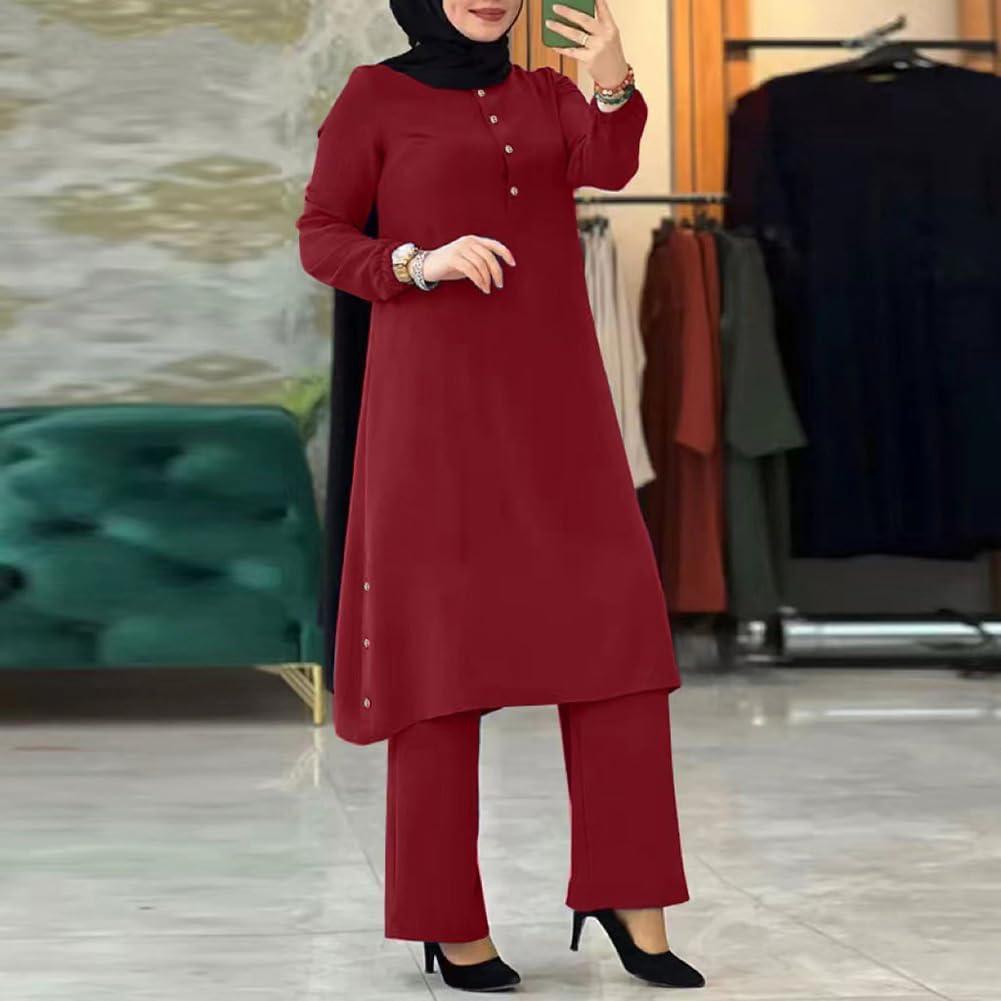 imageIDOPIP Womens Muslim Abaya Dress 2 Pieces Set Long Sleeve Button Down Shirt and Pants Casual Arabic Islamic Dubai OutfitsWine Red