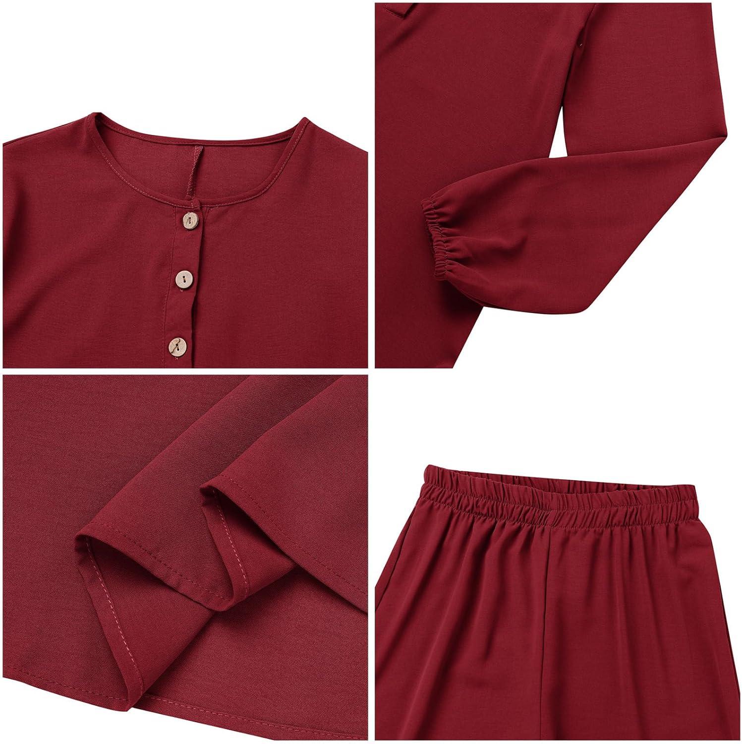 imageIDOPIP Womens Muslim Abaya Dress 2 Pieces Set Long Sleeve Button Down Shirt and Pants Casual Arabic Islamic Dubai OutfitsWine Red