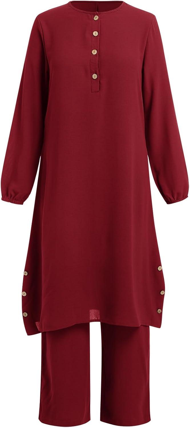 imageIDOPIP Womens Muslim Abaya Dress 2 Pieces Set Long Sleeve Button Down Shirt and Pants Casual Arabic Islamic Dubai OutfitsWine Red