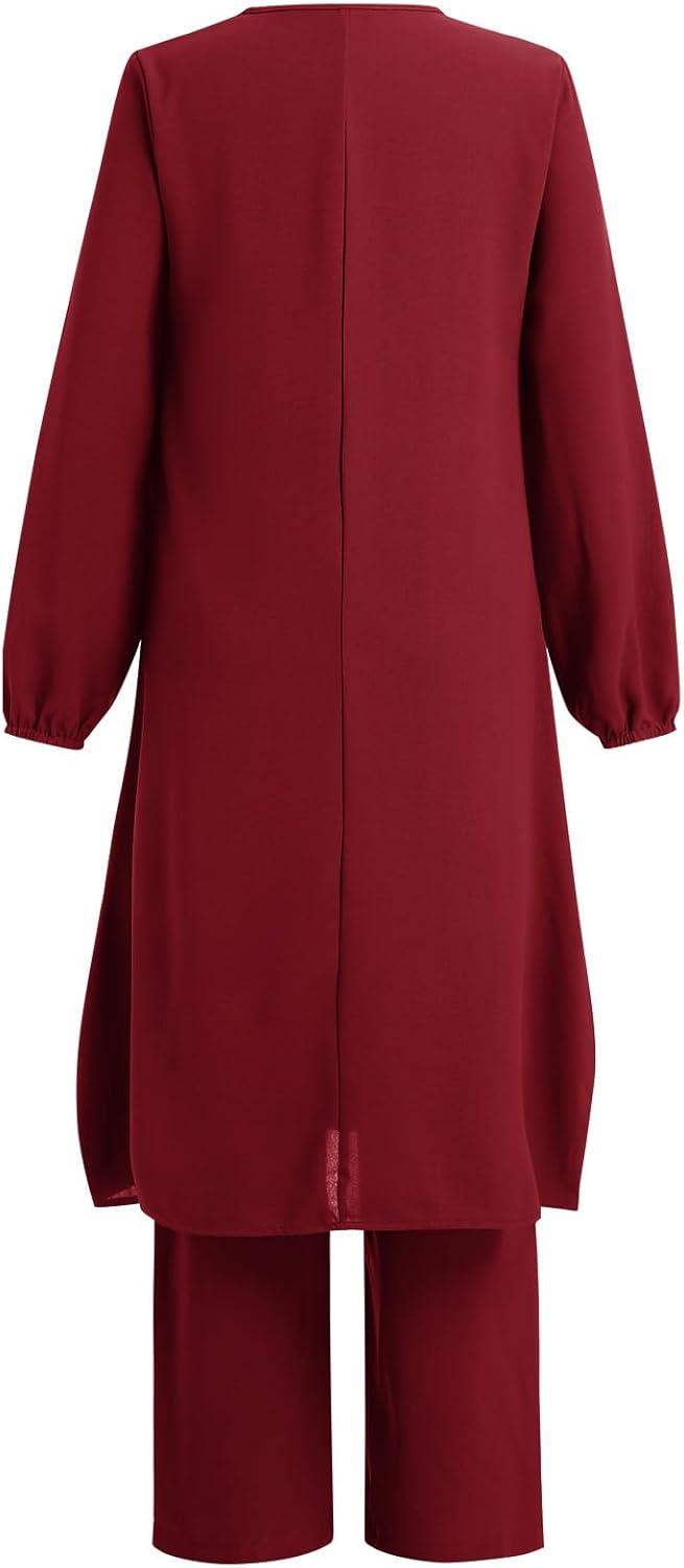 imageIDOPIP Womens Muslim Abaya Dress 2 Pieces Set Long Sleeve Button Down Shirt and Pants Casual Arabic Islamic Dubai OutfitsWine Red