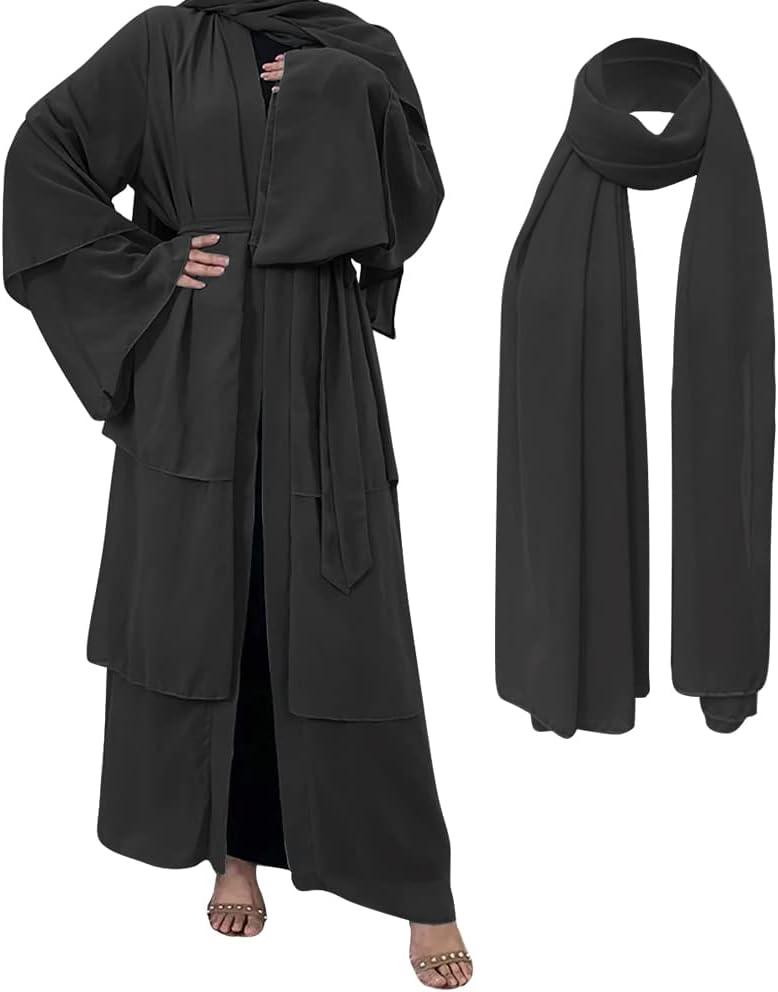 imageMuslim Abaya Dress for Women  Long Sleeve Islamic Dubai Abaya Cardigan Robe  Middle East Prayer Dress with HijabA Black