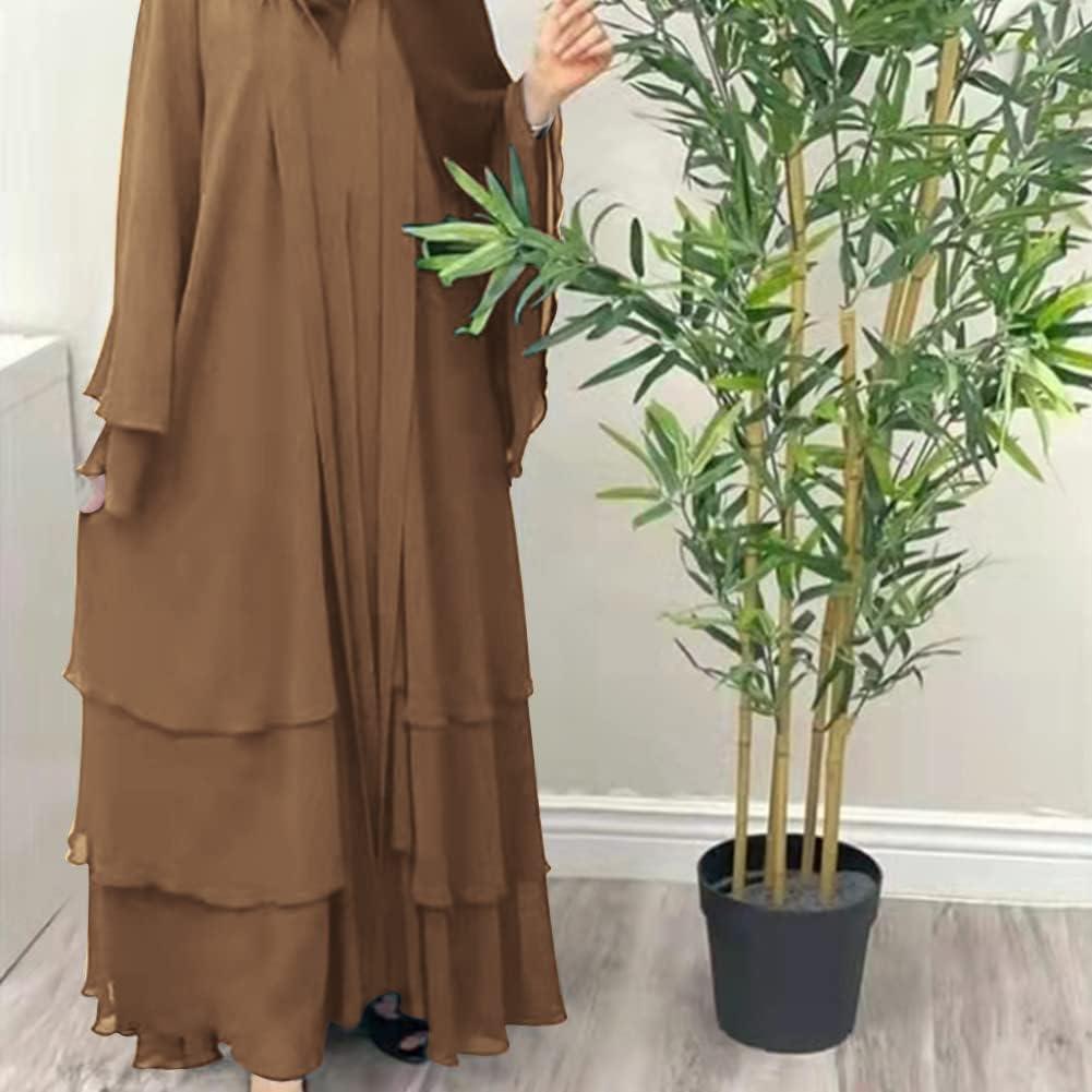 imageMuslim Abaya Dress for Women  Long Sleeve Islamic Dubai Abaya Cardigan Robe  Middle East Prayer Dress with HijabA Brown