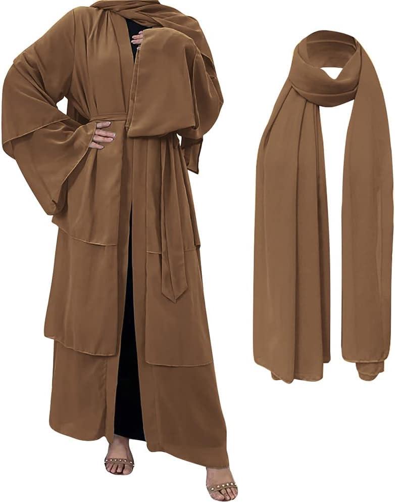 imageMuslim Abaya Dress for Women  Long Sleeve Islamic Dubai Abaya Cardigan Robe  Middle East Prayer Dress with HijabA Brown