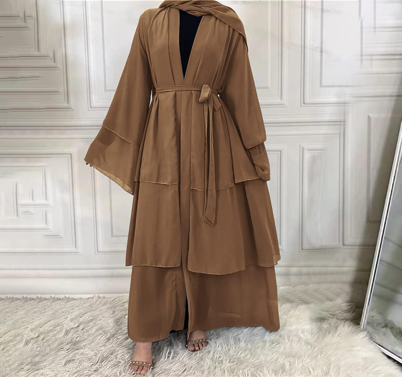 imageMuslim Abaya Dress for Women  Long Sleeve Islamic Dubai Abaya Cardigan Robe  Middle East Prayer Dress with HijabA Brown