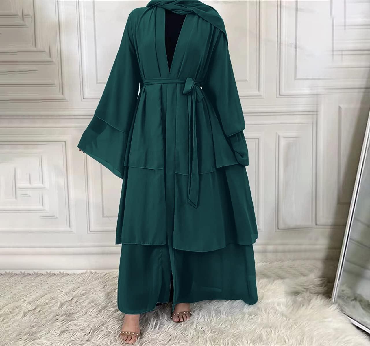 imageMuslim Abaya Dress for Women  Long Sleeve Islamic Dubai Abaya Cardigan Robe  Middle East Prayer Dress with HijabA Dark Green