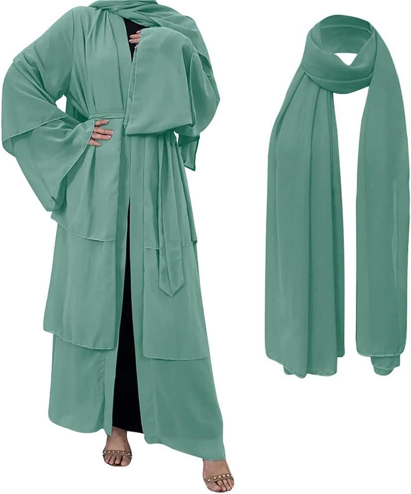 imageMuslim Abaya Dress for Women  Long Sleeve Islamic Dubai Abaya Cardigan Robe  Middle East Prayer Dress with HijabA Green