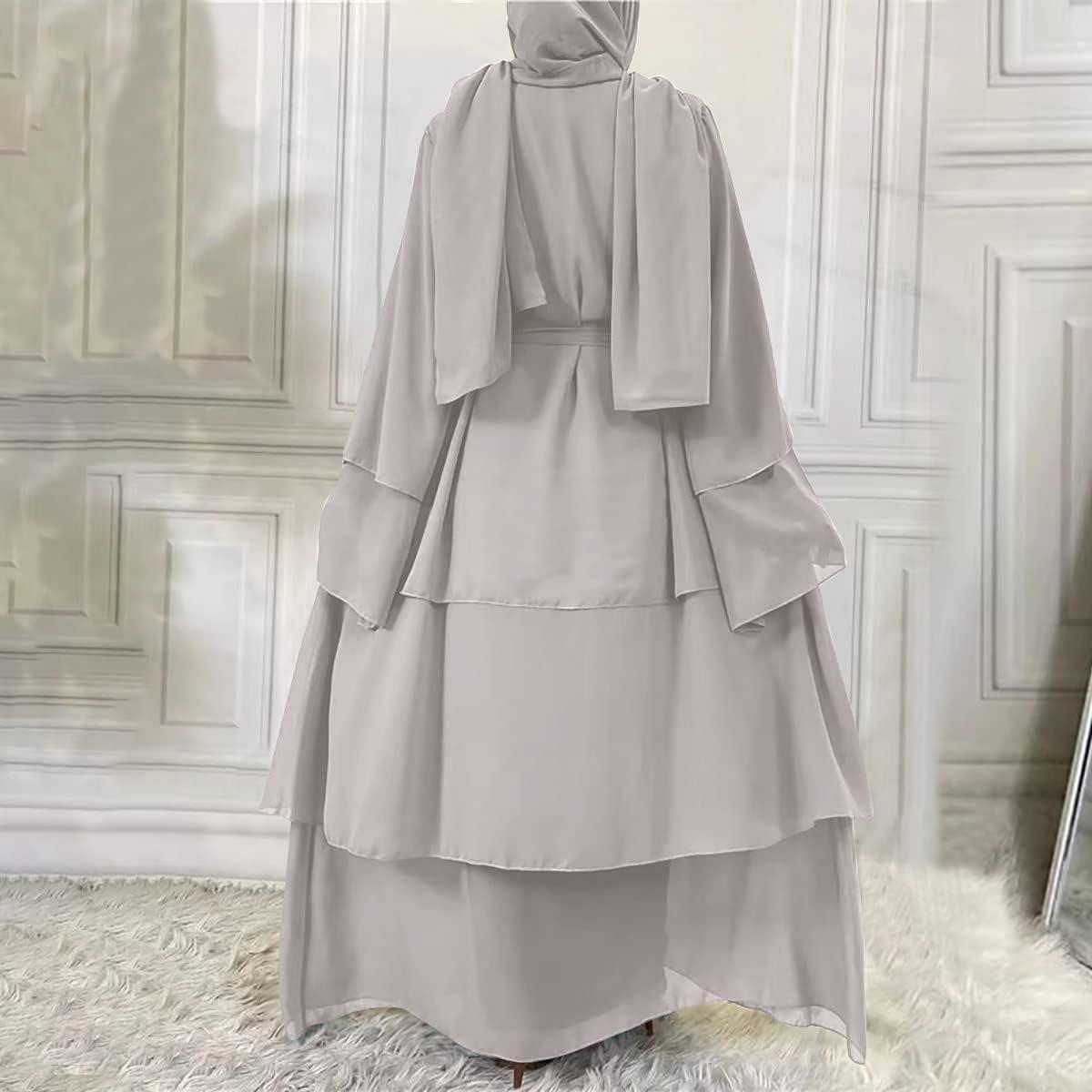 imageMuslim Abaya Dress for Women  Long Sleeve Islamic Dubai Abaya Cardigan Robe  Middle East Prayer Dress with HijabA Light Gray