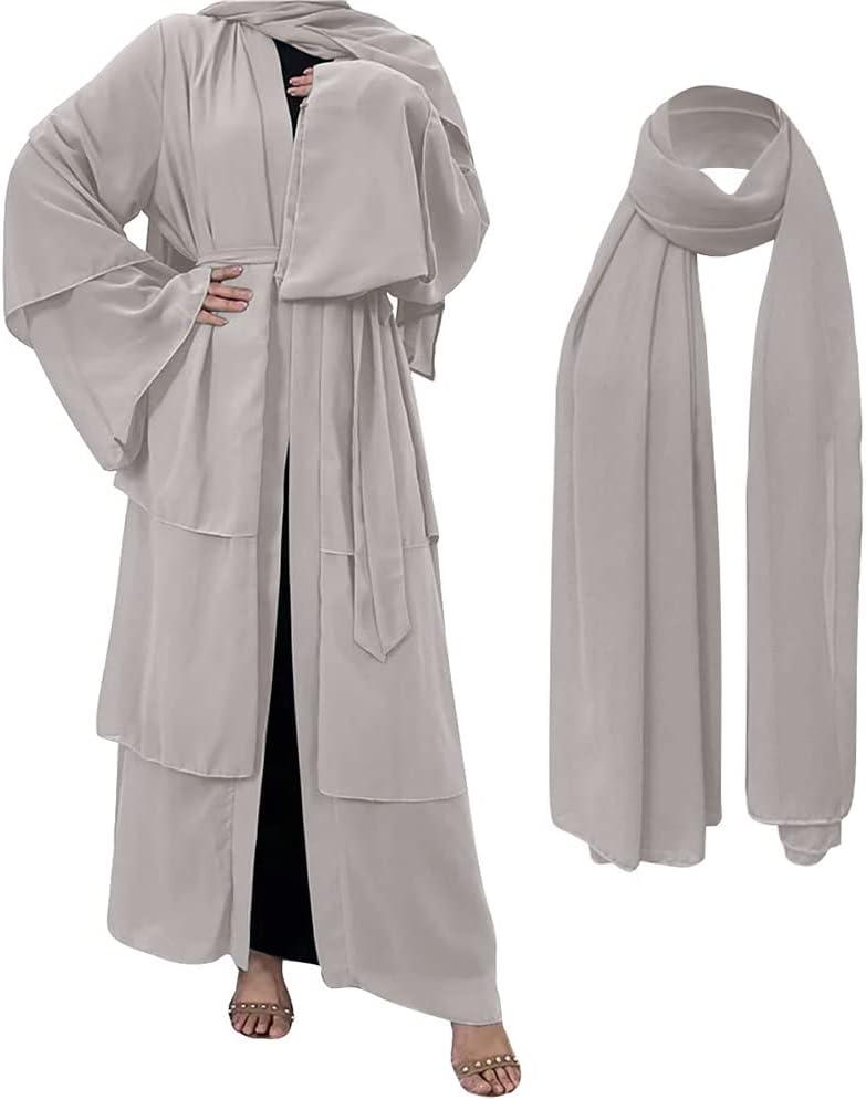 imageMuslim Abaya Dress for Women  Long Sleeve Islamic Dubai Abaya Cardigan Robe  Middle East Prayer Dress with HijabA Light Gray