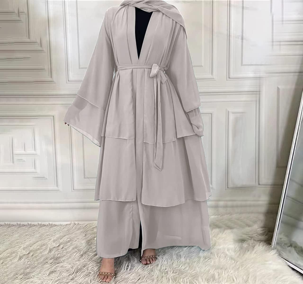 imageMuslim Abaya Dress for Women  Long Sleeve Islamic Dubai Abaya Cardigan Robe  Middle East Prayer Dress with HijabA Light Gray