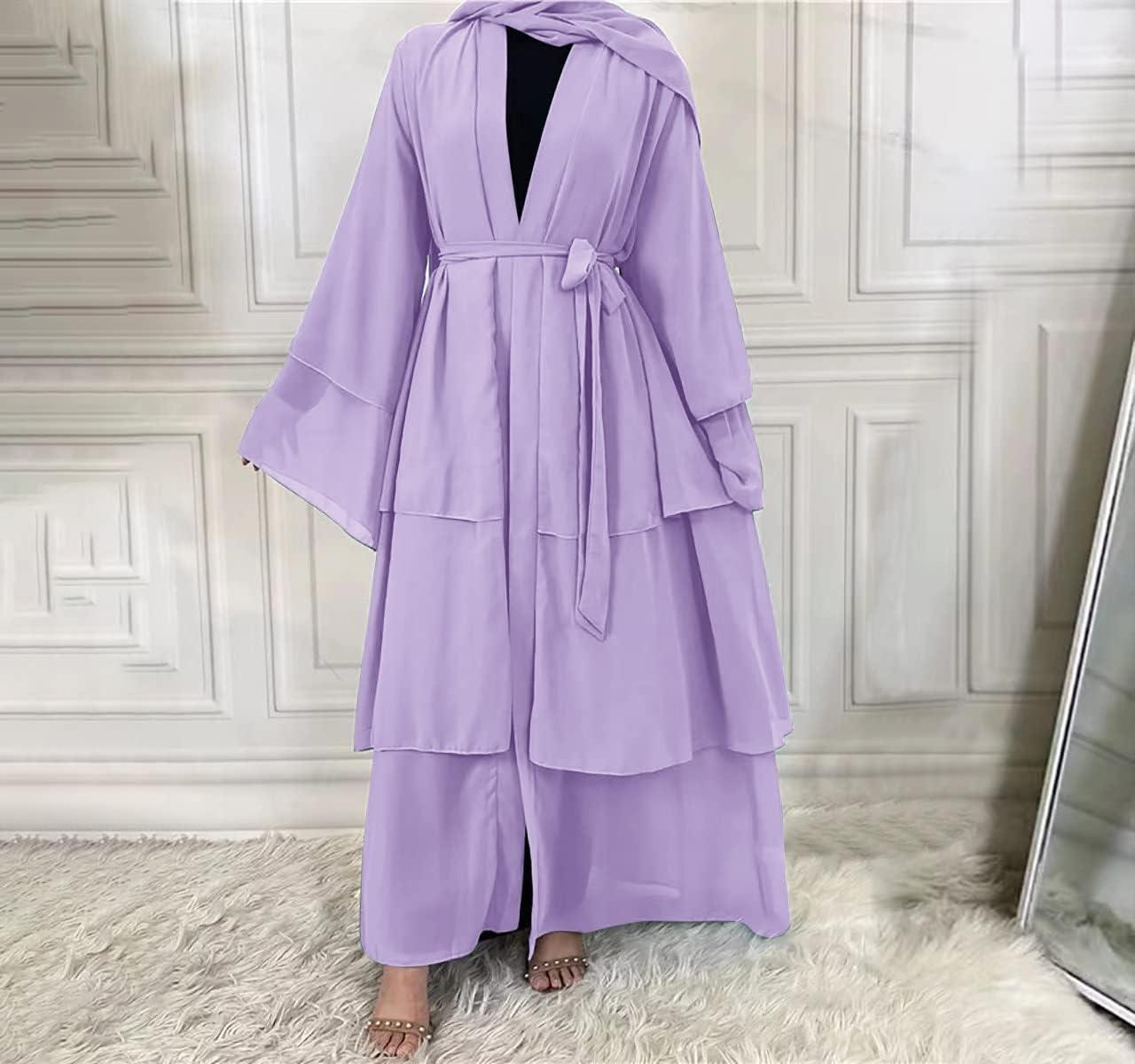 imageMuslim Abaya Dress for Women  Long Sleeve Islamic Dubai Abaya Cardigan Robe  Middle East Prayer Dress with HijabA Light Purple