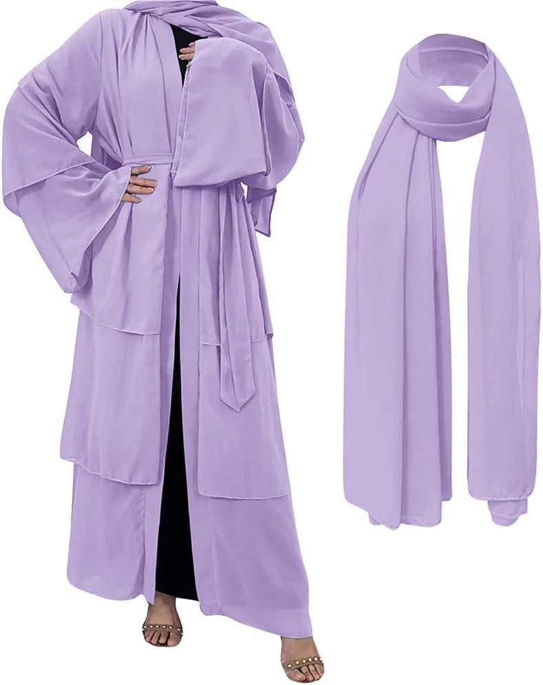 imageMuslim Abaya Dress for Women  Long Sleeve Islamic Dubai Abaya Cardigan Robe  Middle East Prayer Dress with HijabA Light Purple