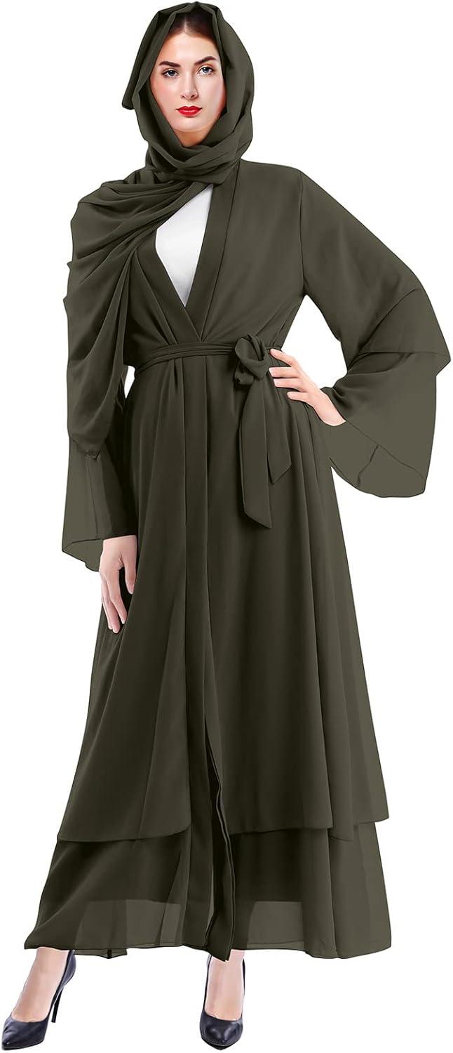 imageMuslim Abaya Dress for Women  Long Sleeve Islamic Dubai Abaya Cardigan Robe  Middle East Prayer Dress with HijabArmy Green