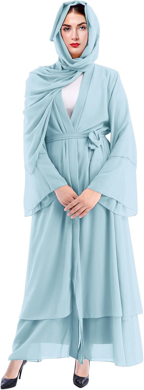imageMuslim Abaya Dress for Women  Long Sleeve Islamic Dubai Abaya Cardigan Robe  Middle East Prayer Dress with HijabBlue