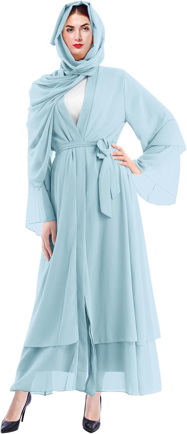 imageMuslim Abaya Dress for Women  Long Sleeve Islamic Dubai Abaya Cardigan Robe  Middle East Prayer Dress with HijabBlue