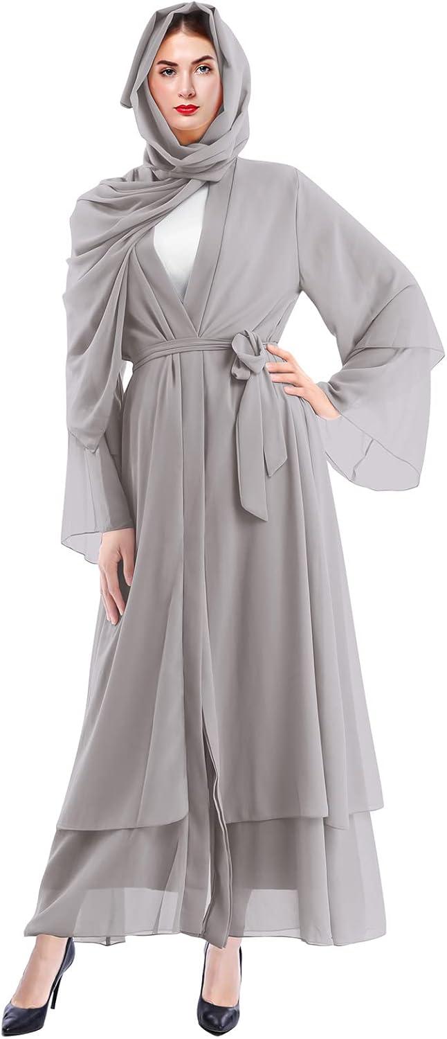 imageMuslim Abaya Dress for Women  Long Sleeve Islamic Dubai Abaya Cardigan Robe  Middle East Prayer Dress with HijabGray