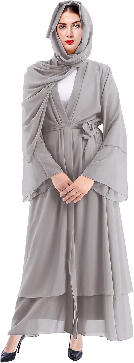 imageMuslim Abaya Dress for Women  Long Sleeve Islamic Dubai Abaya Cardigan Robe  Middle East Prayer Dress with HijabGray