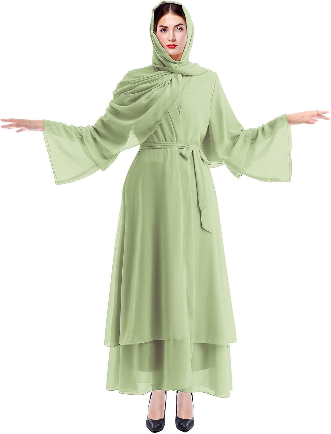 imageMuslim Abaya Dress for Women  Long Sleeve Islamic Dubai Abaya Cardigan Robe  Middle East Prayer Dress with HijabGreen