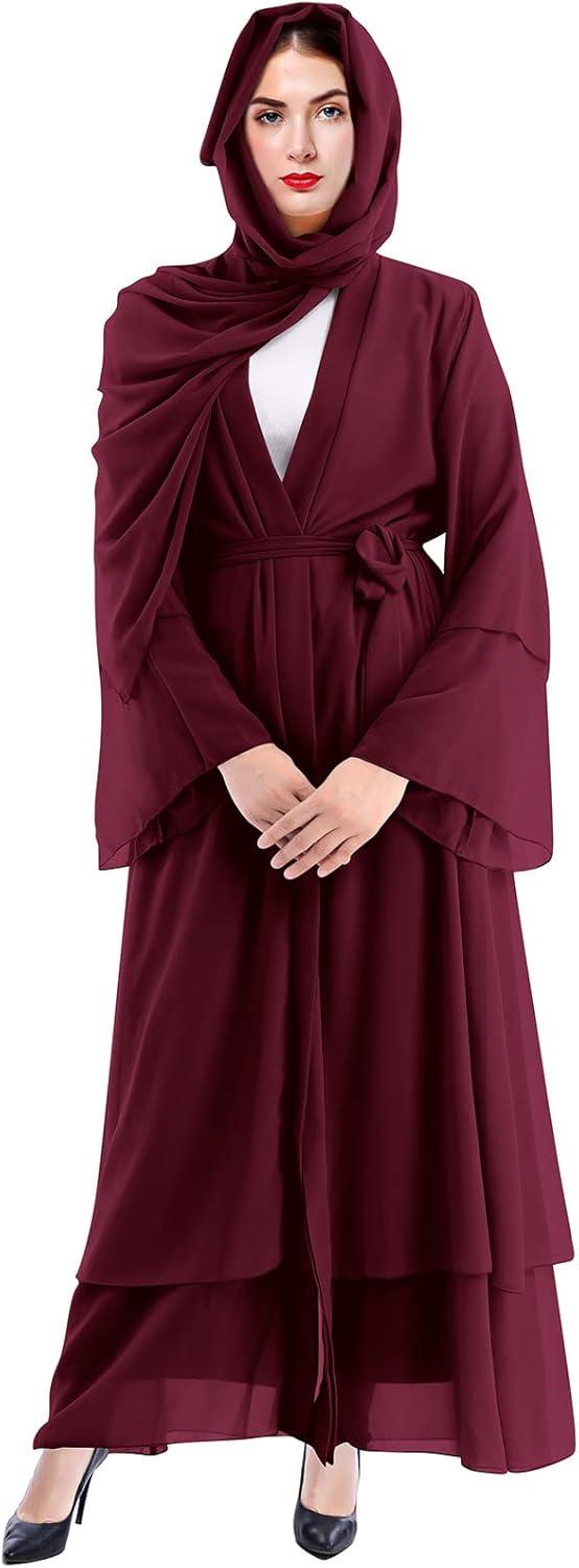 imageMuslim Abaya Dress for Women  Long Sleeve Islamic Dubai Abaya Cardigan Robe  Middle East Prayer Dress with HijabWine Red
