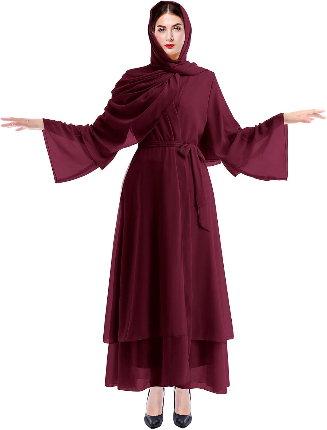 imageMuslim Abaya Dress for Women  Long Sleeve Islamic Dubai Abaya Cardigan Robe  Middle East Prayer Dress with HijabWine Red