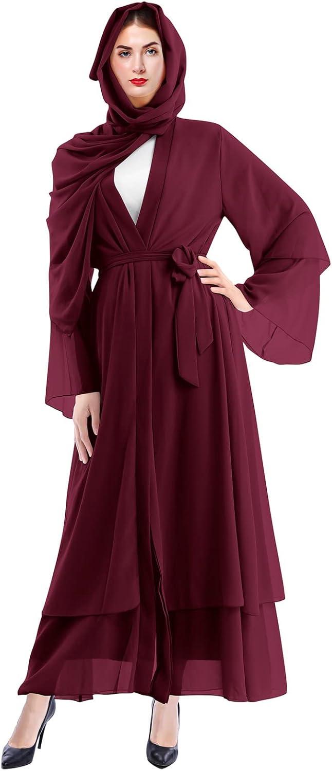 imageMuslim Abaya Dress for Women  Long Sleeve Islamic Dubai Abaya Cardigan Robe  Middle East Prayer Dress with HijabWine Red