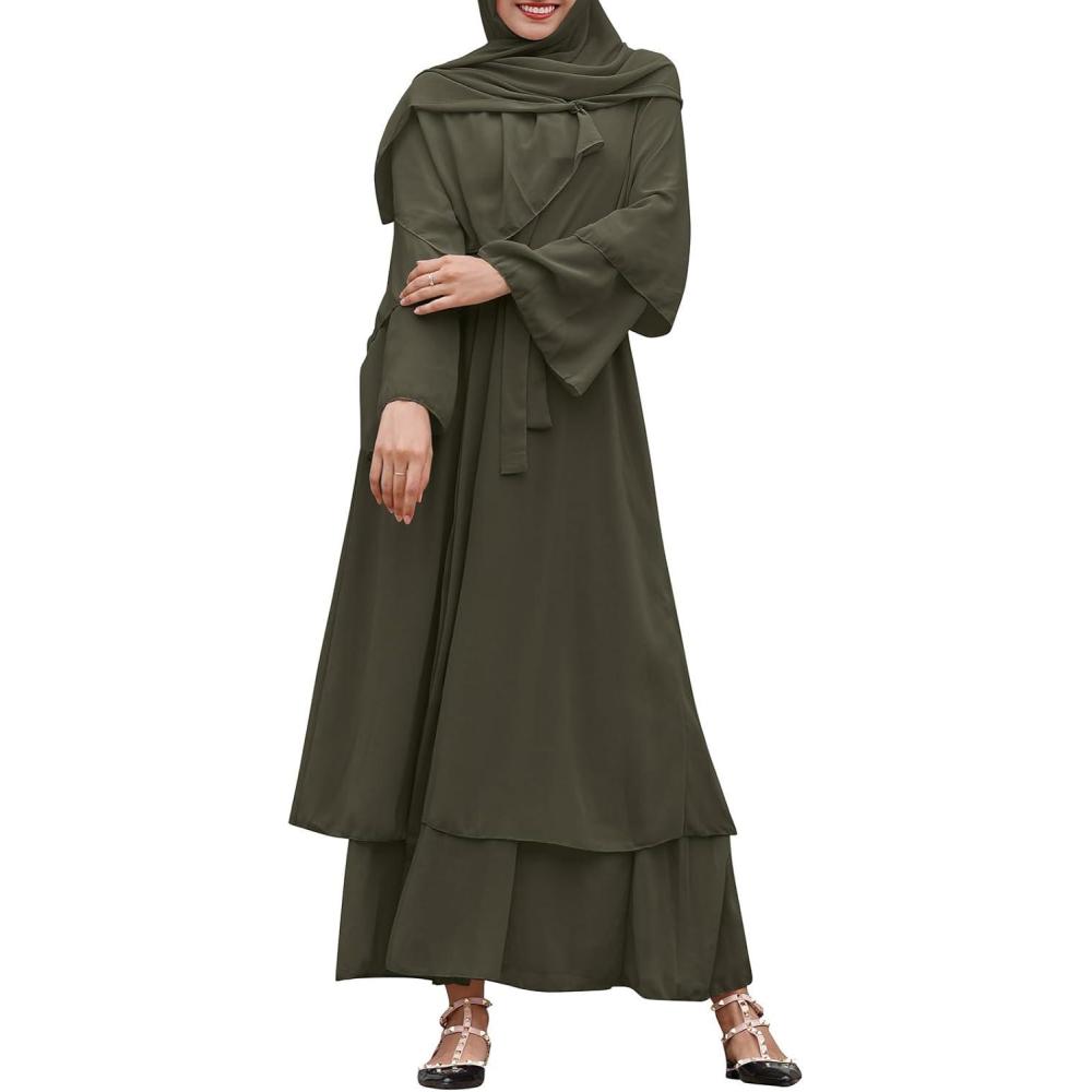 imageAbayas Muslim Dress for Women Long Sleeve Islamic Abaya Eid Dubai Kaftan Dresses Middle East Prayer Dress Chiffon RobeArmy Green