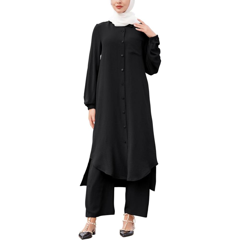 imageIDOPIP Abaya Dress for Women Muslim Set Long Sleeve Chiffon Islamic Dress Shirt with Pants 2PCS Dubai Prayer Casual ClothesBlack