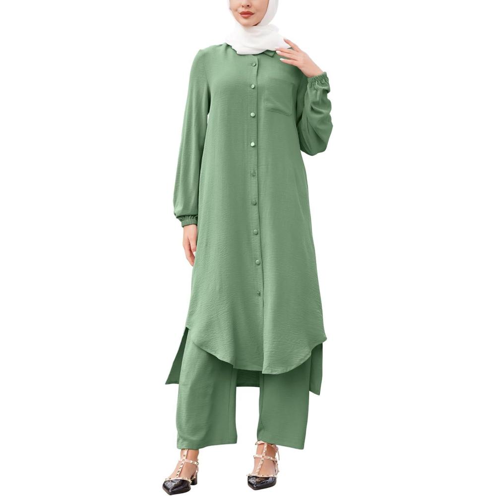 imageIDOPIP Abaya Dress for Women Muslim Set Long Sleeve Chiffon Islamic Dress Shirt with Pants 2PCS Dubai Prayer Casual ClothesGreen