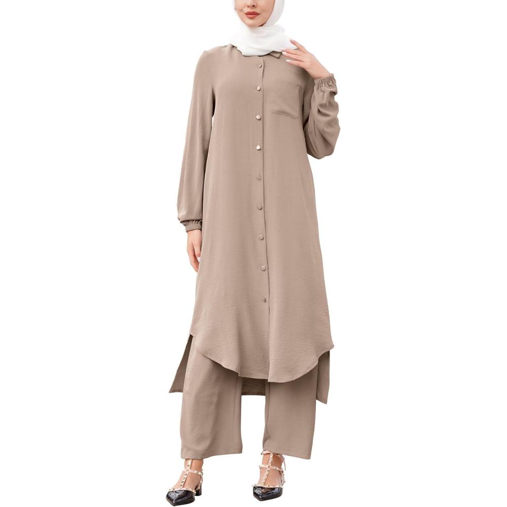 imageIDOPIP Abaya Dress for Women Muslim Set Long Sleeve Chiffon Islamic Dress Shirt with Pants 2PCS Dubai Prayer Casual ClothesKhaki