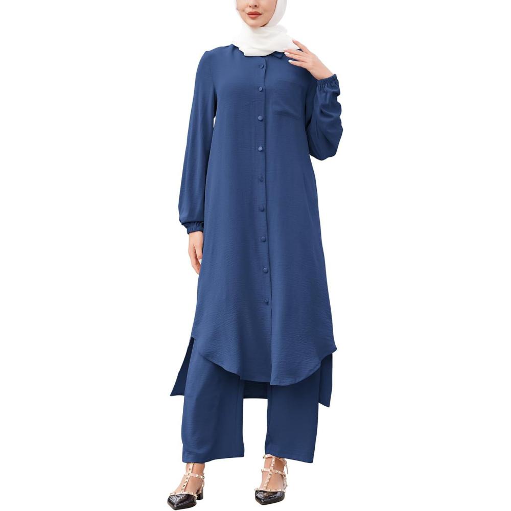 imageIDOPIP Abaya Dress for Women Muslim Set Long Sleeve Chiffon Islamic Dress Shirt with Pants 2PCS Dubai Prayer Casual ClothesNavy Blue