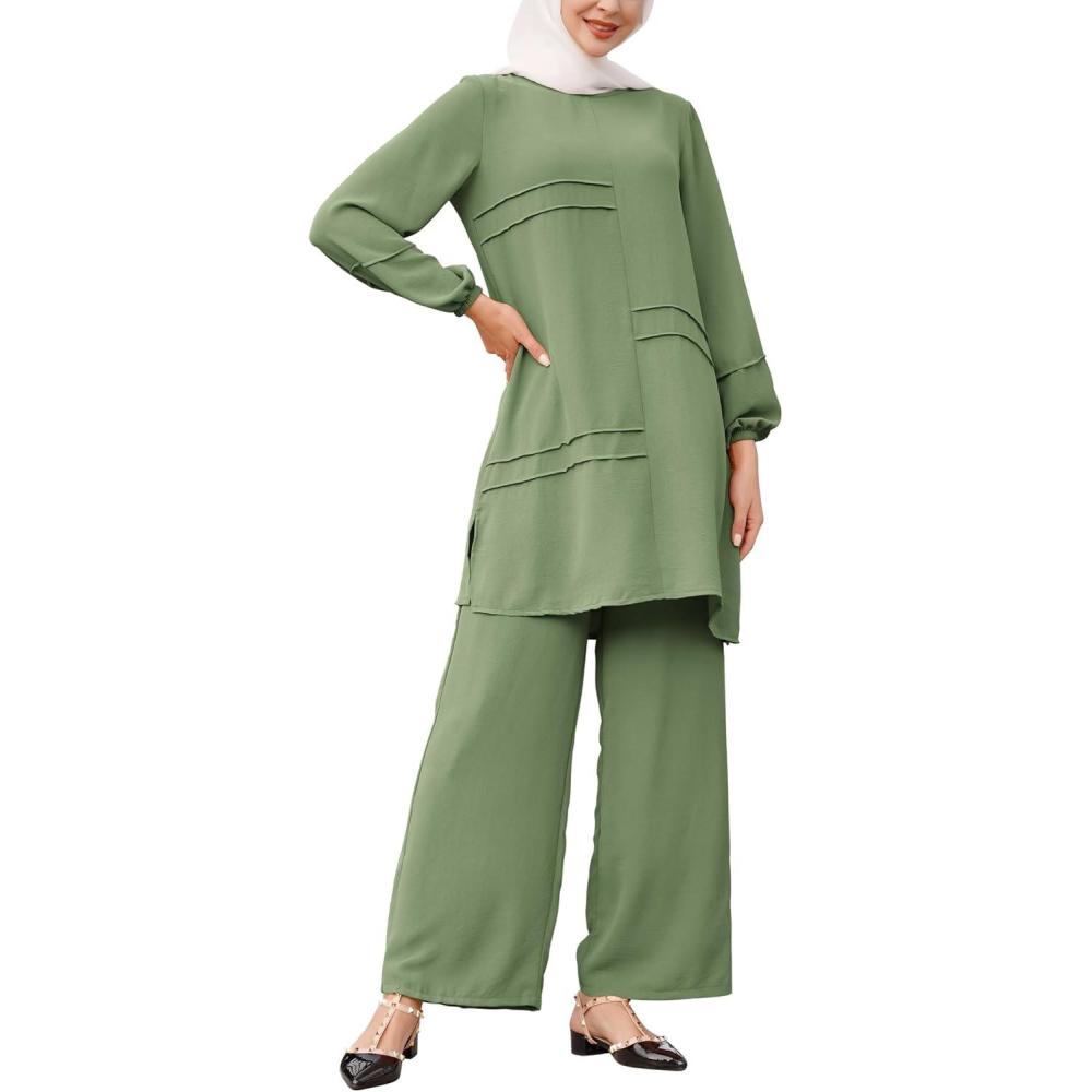 imageIDOPIP Abayas Dress for Women Muslim Long Sleeve Top Pants 2PCS Islamic Dubai Outfit Casual Ramadan Prayer Dress Clothes SetsGreen