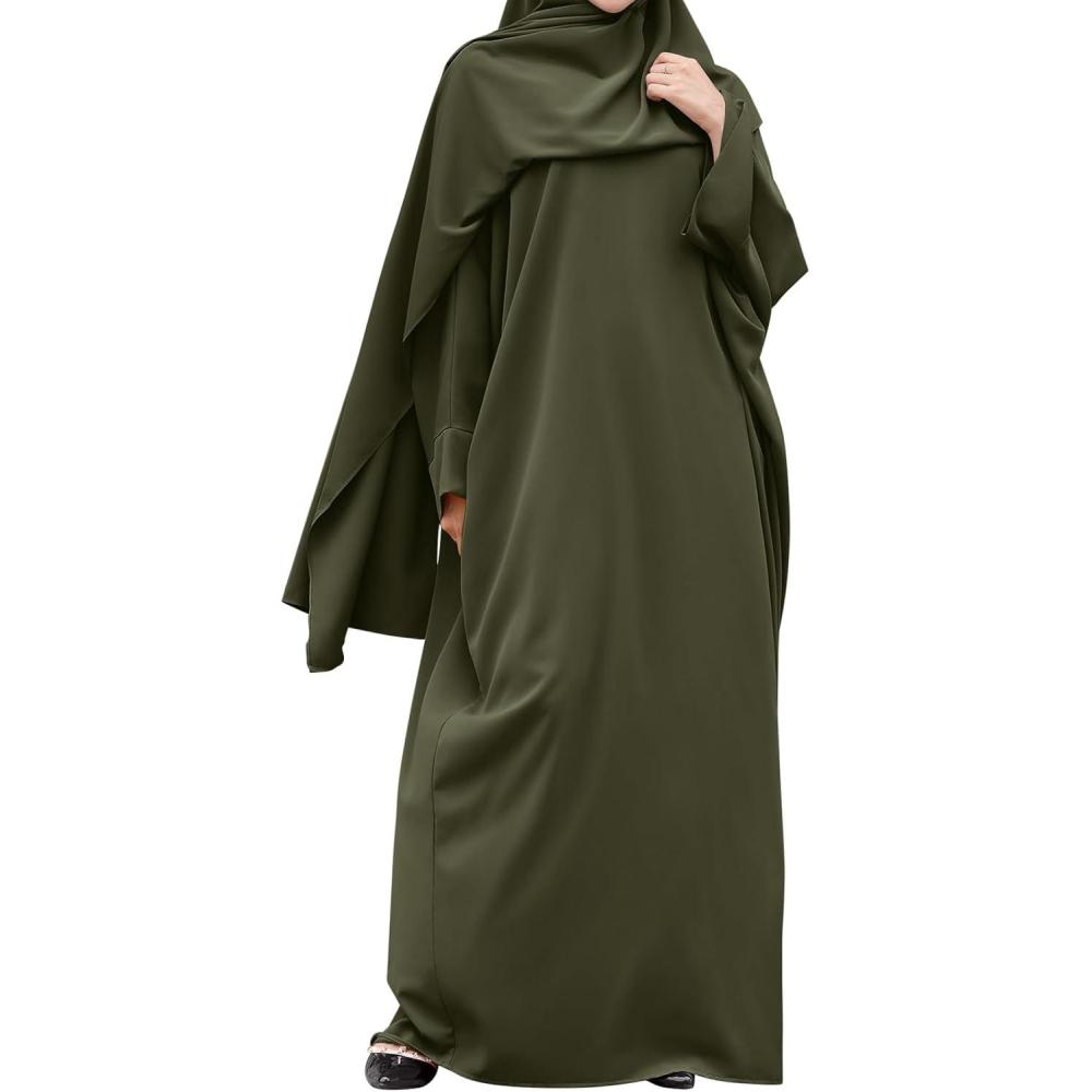 imageIDOPIP Abayas for Women Muslim Dress with Hijab OnePiece Long Sleeve Islamic Prayer Dress with Khimar Jilbab Kaftan ClothesArmy Green 1pc Dress Only
